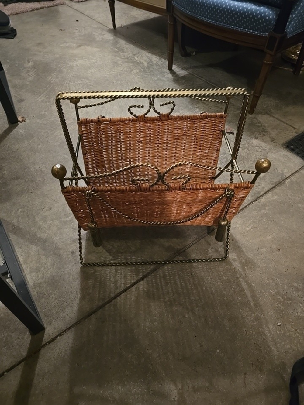 Wicker & Wrought Iron Hollywood Regency Style Magazine Rack